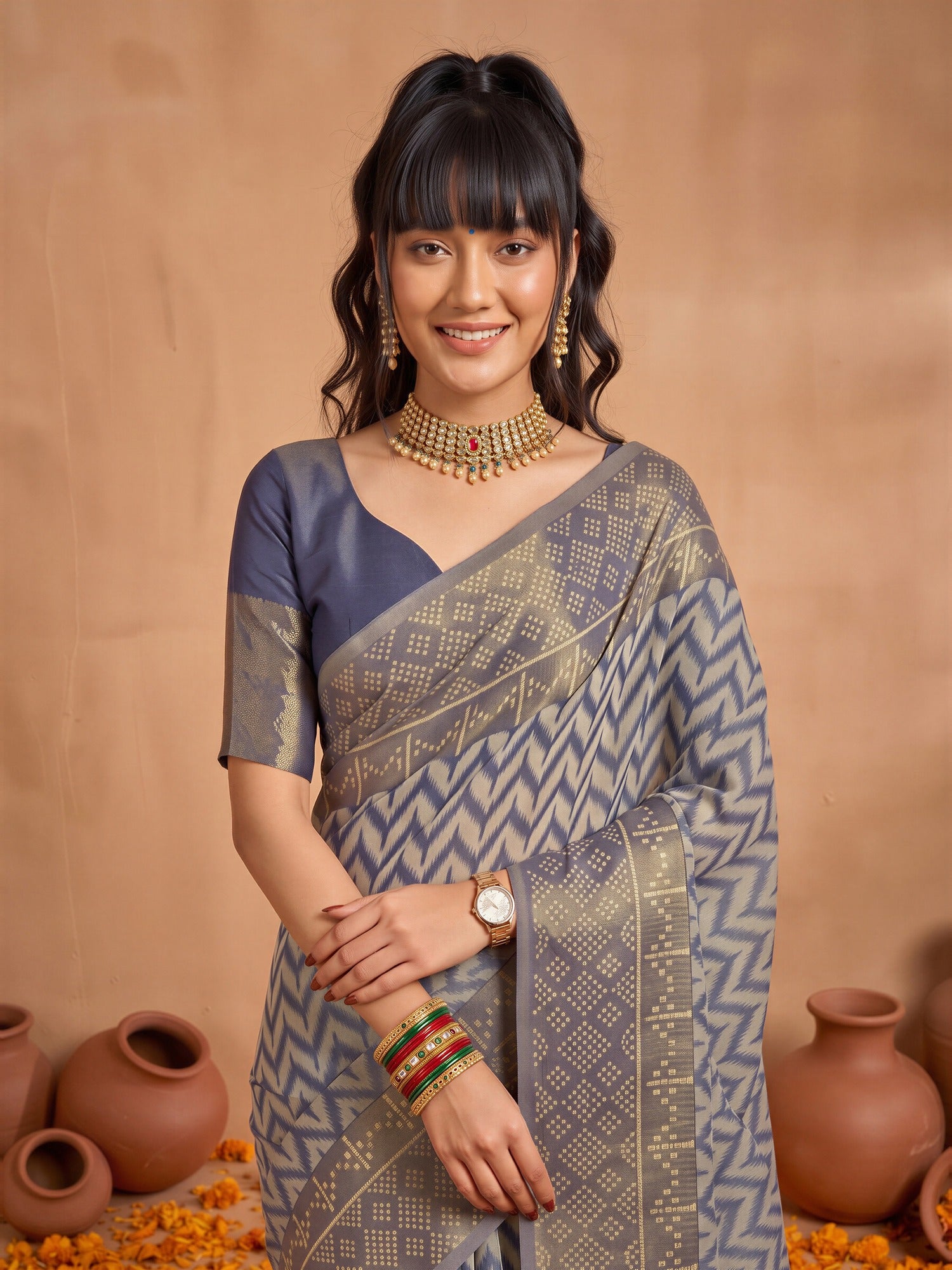 Blue Viscose saree – detail view 4