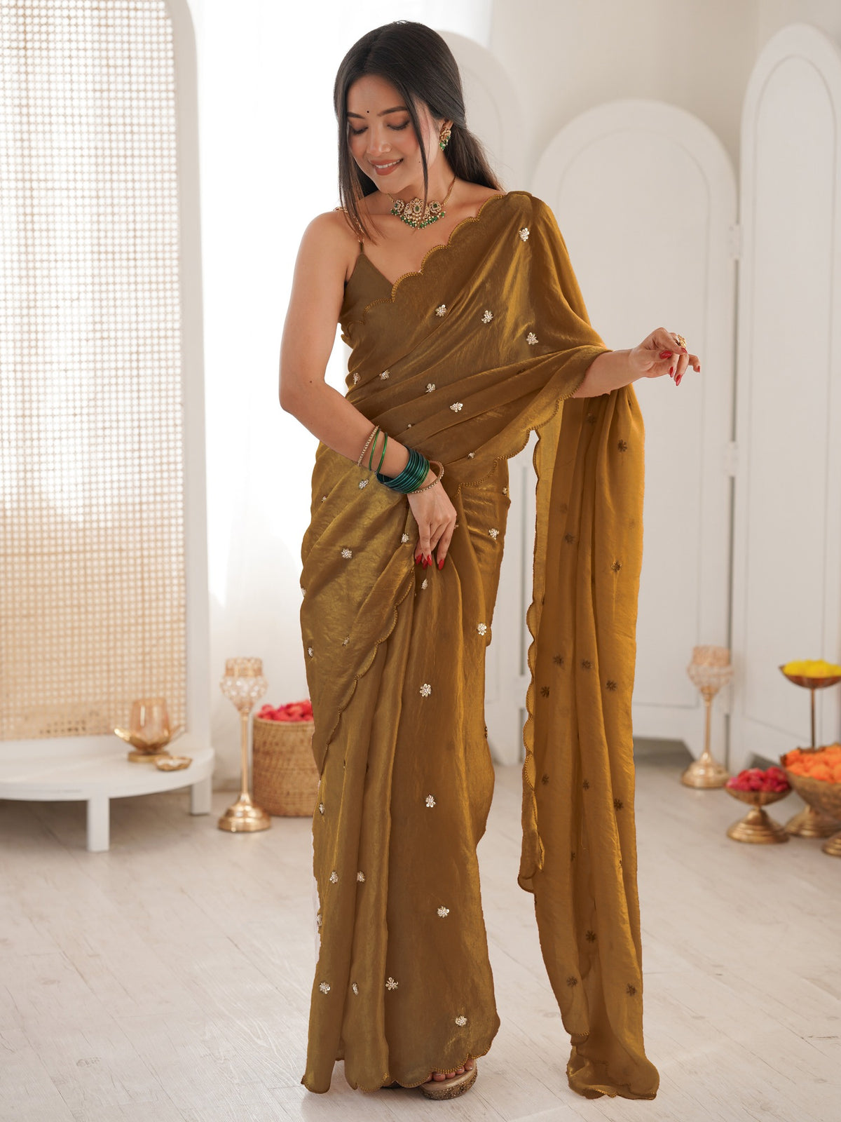 Gold embellished satin saree with gold blouse piece