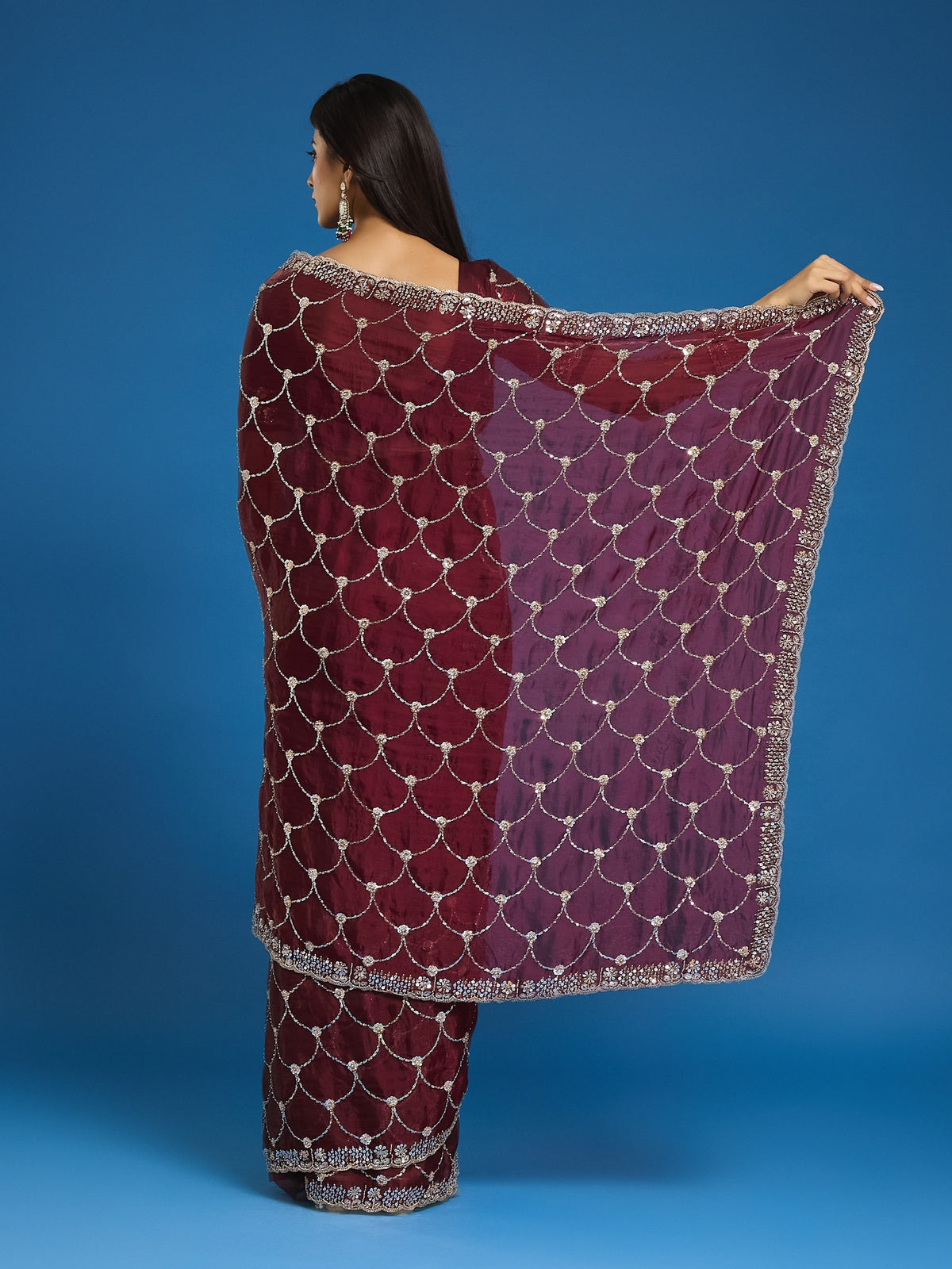 Maroon Satin saree – detail view 4