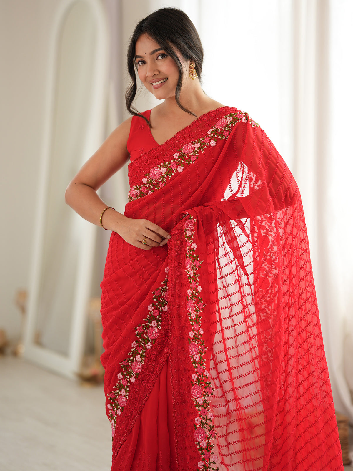 Red Georgette saree – detail view 3
