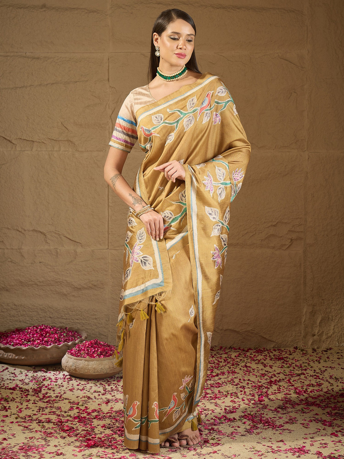 Mustard art silk saree view 4