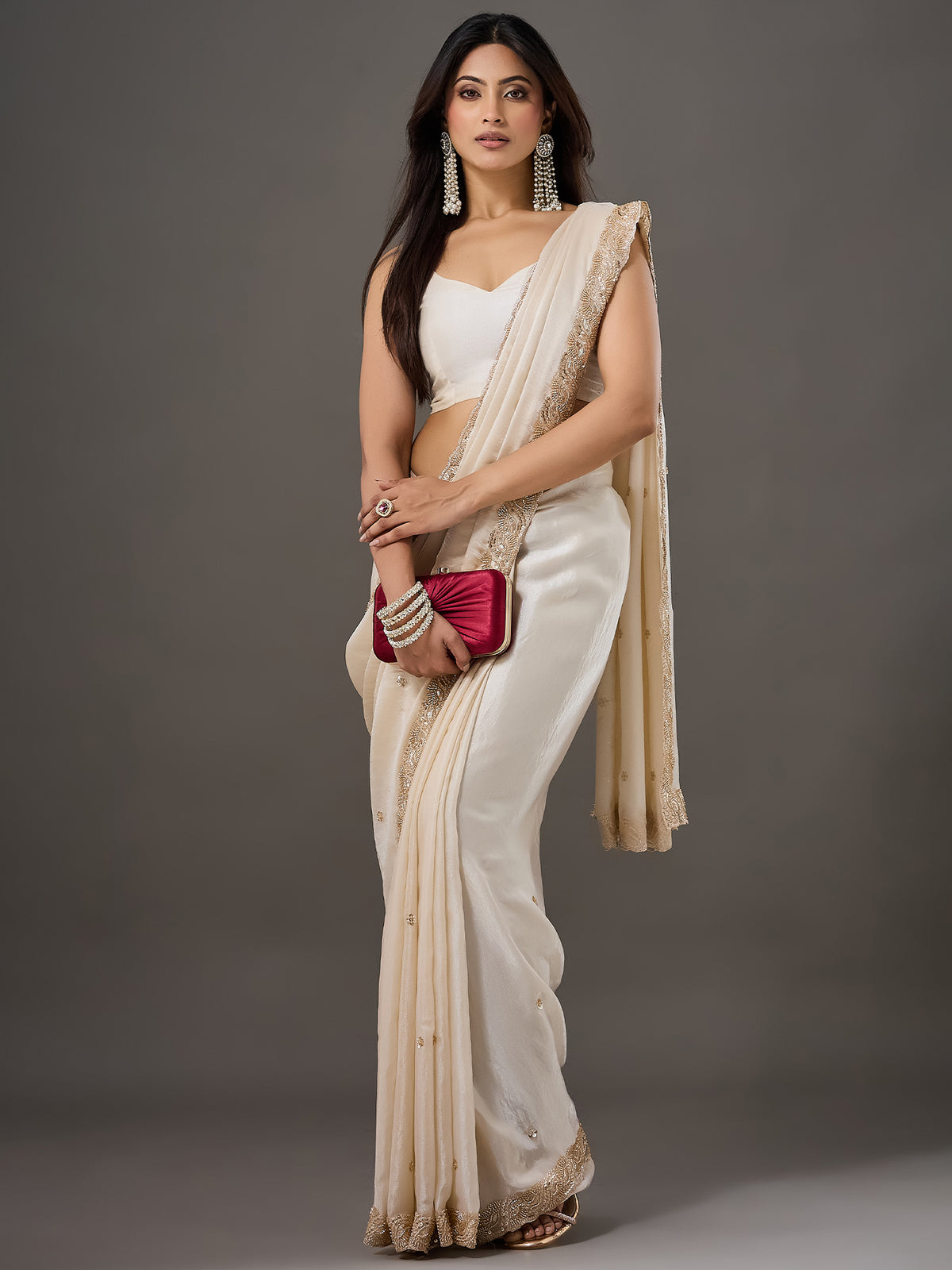 Cream Satin saree – detail view 2