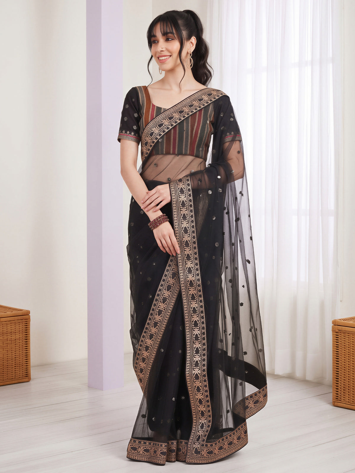 Black Net saree – detail view 3