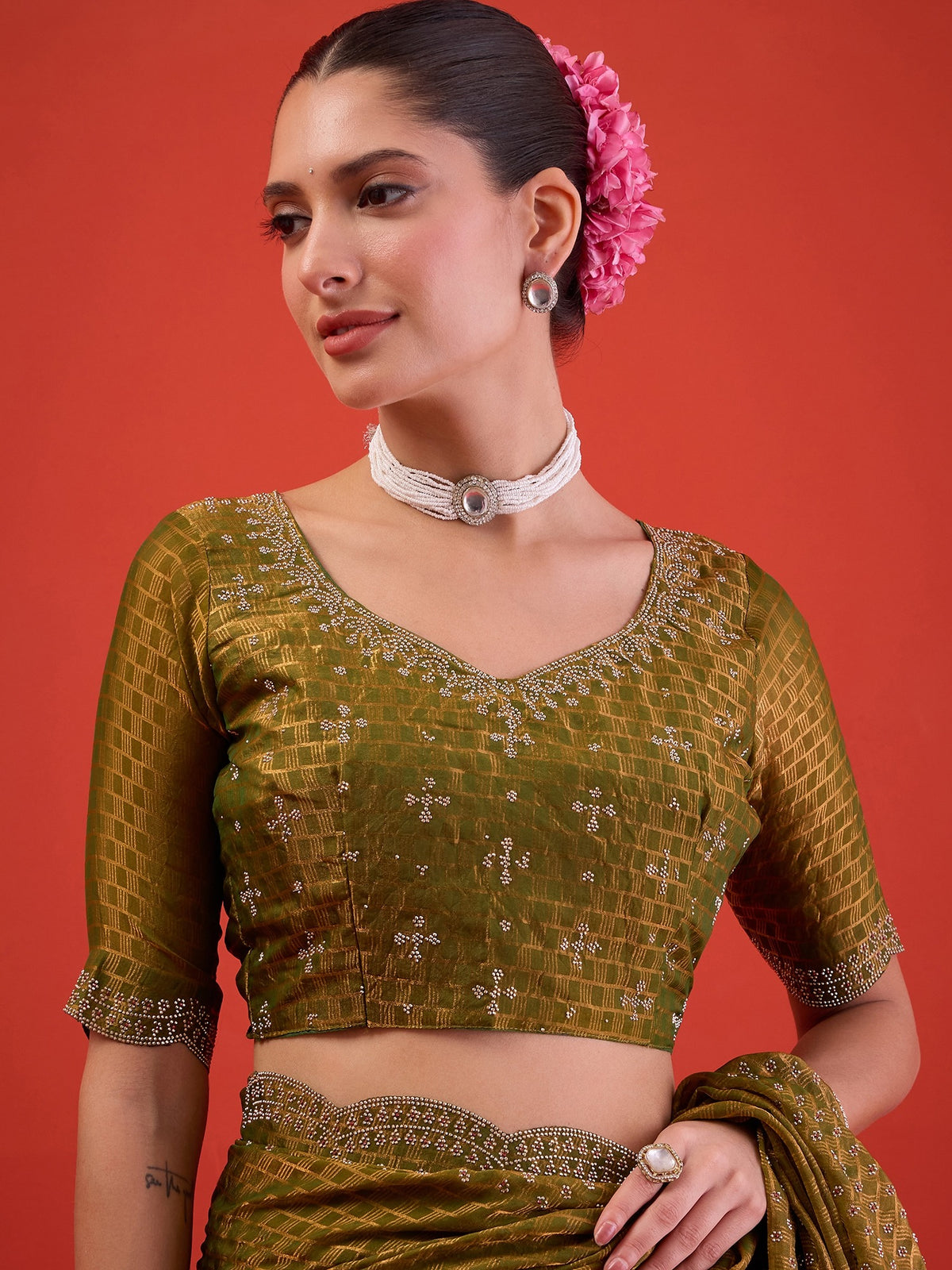 Olive Satin saree – detail view 5