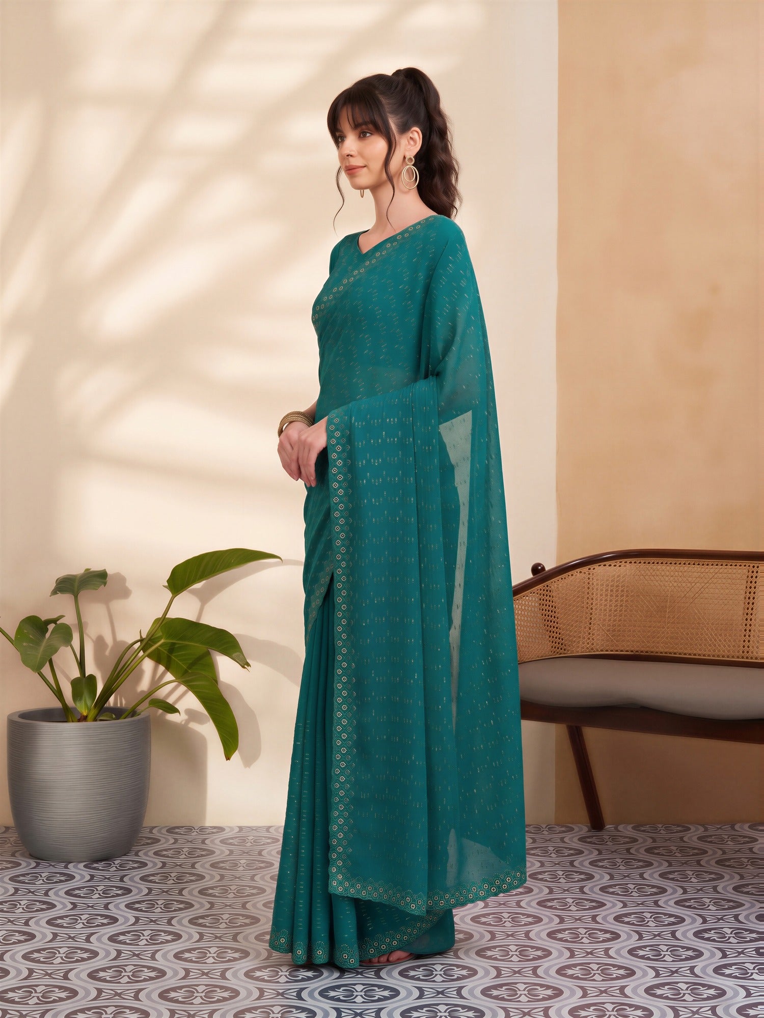 Teal Green Tissue saree – detail view 2