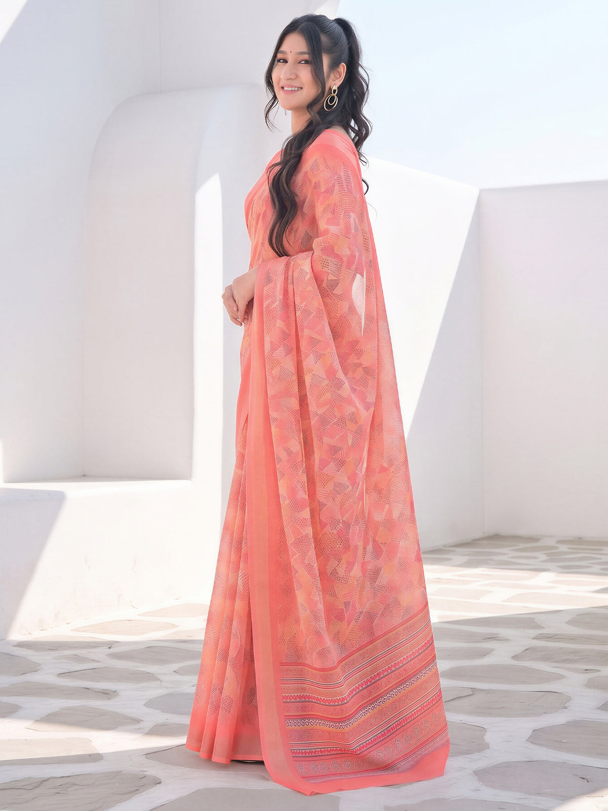 Peach Cotton Linen saree – detail view 2