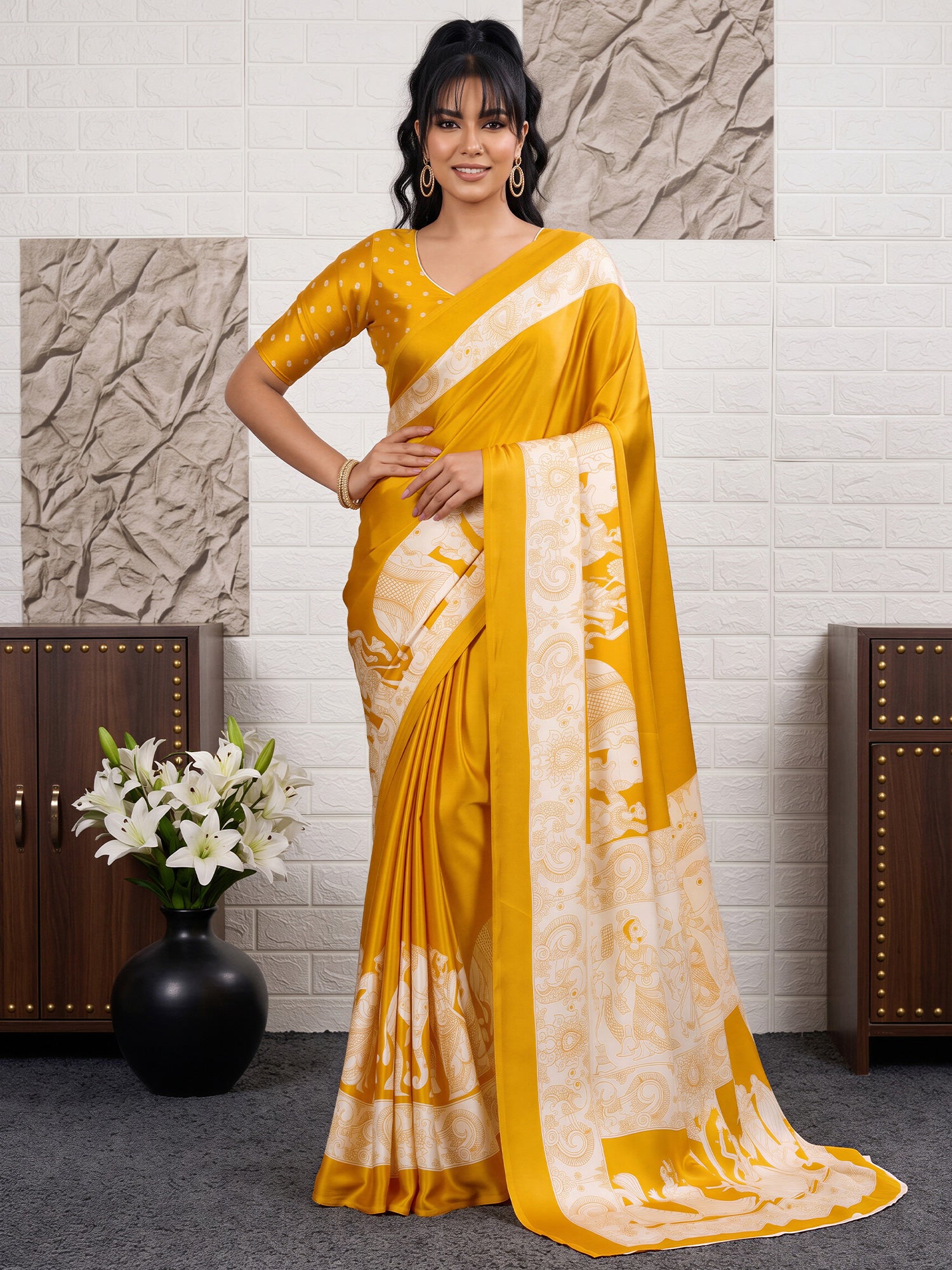 Mustard Satin saree – detail view 3