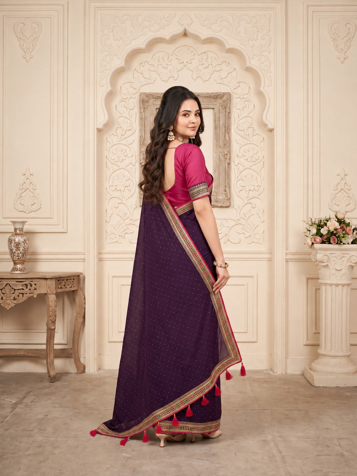 Wine Vichitra Silk saree – detail view 2