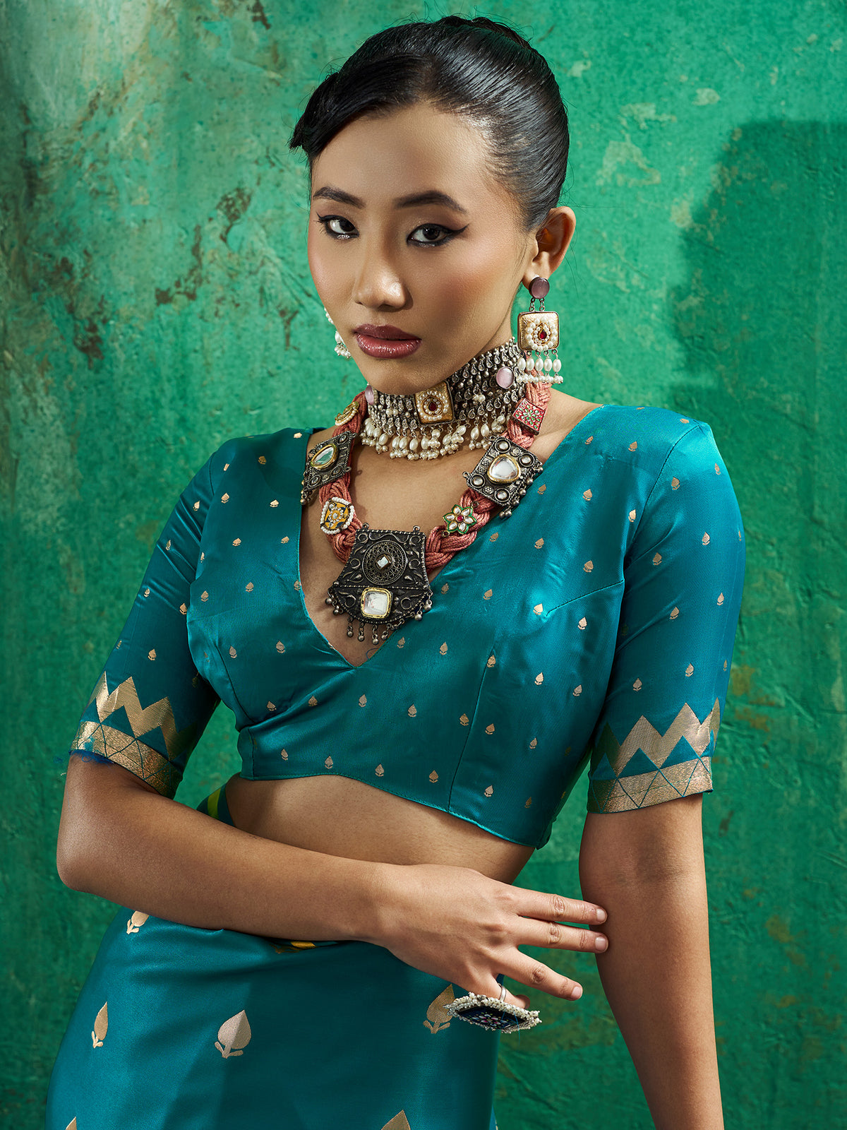 Unstitched teal blue satin silk blouse piece with zari butta design