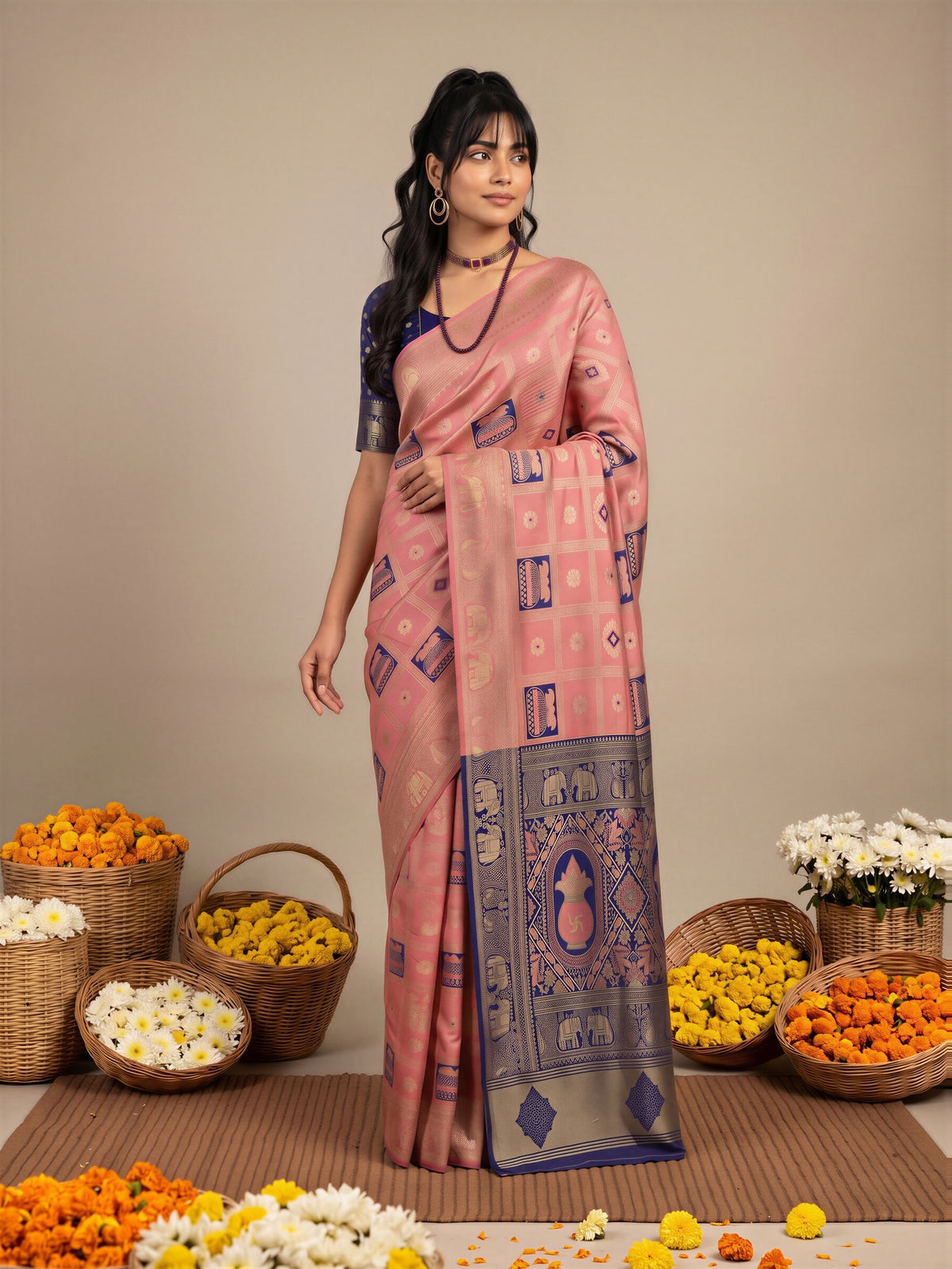 Peach Litchi Silk saree – detail view 3