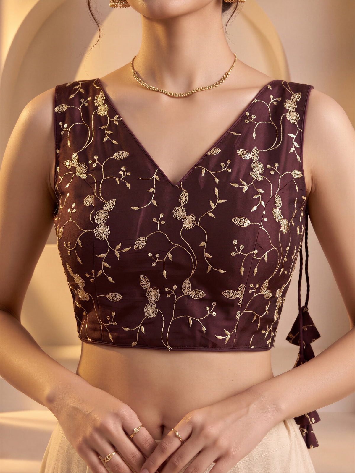 Dark Brown sequin embroidered vichitra silk sleeveless readymade saree blouse with v neck view 4