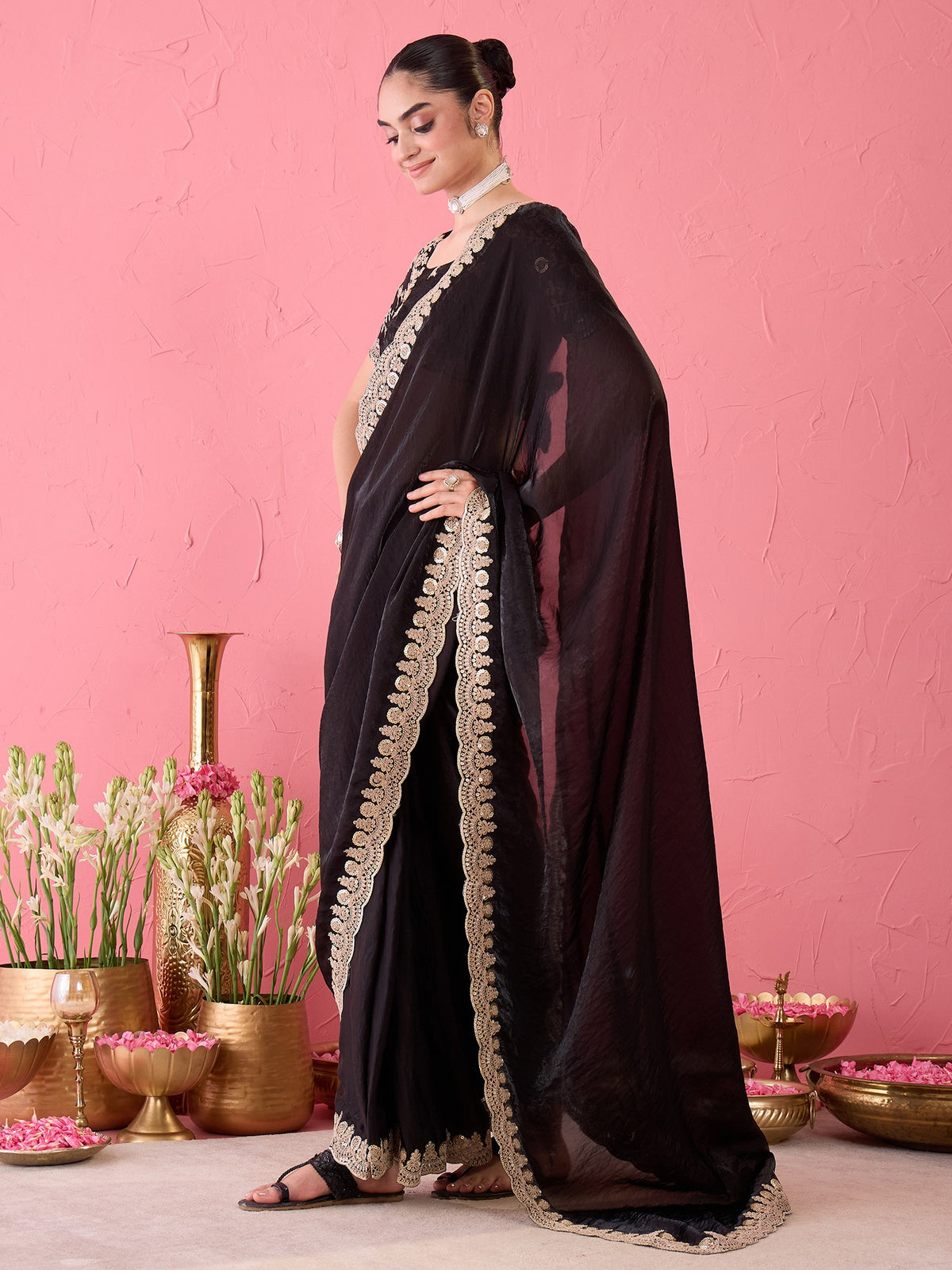 Black Satin saree – detail view 1