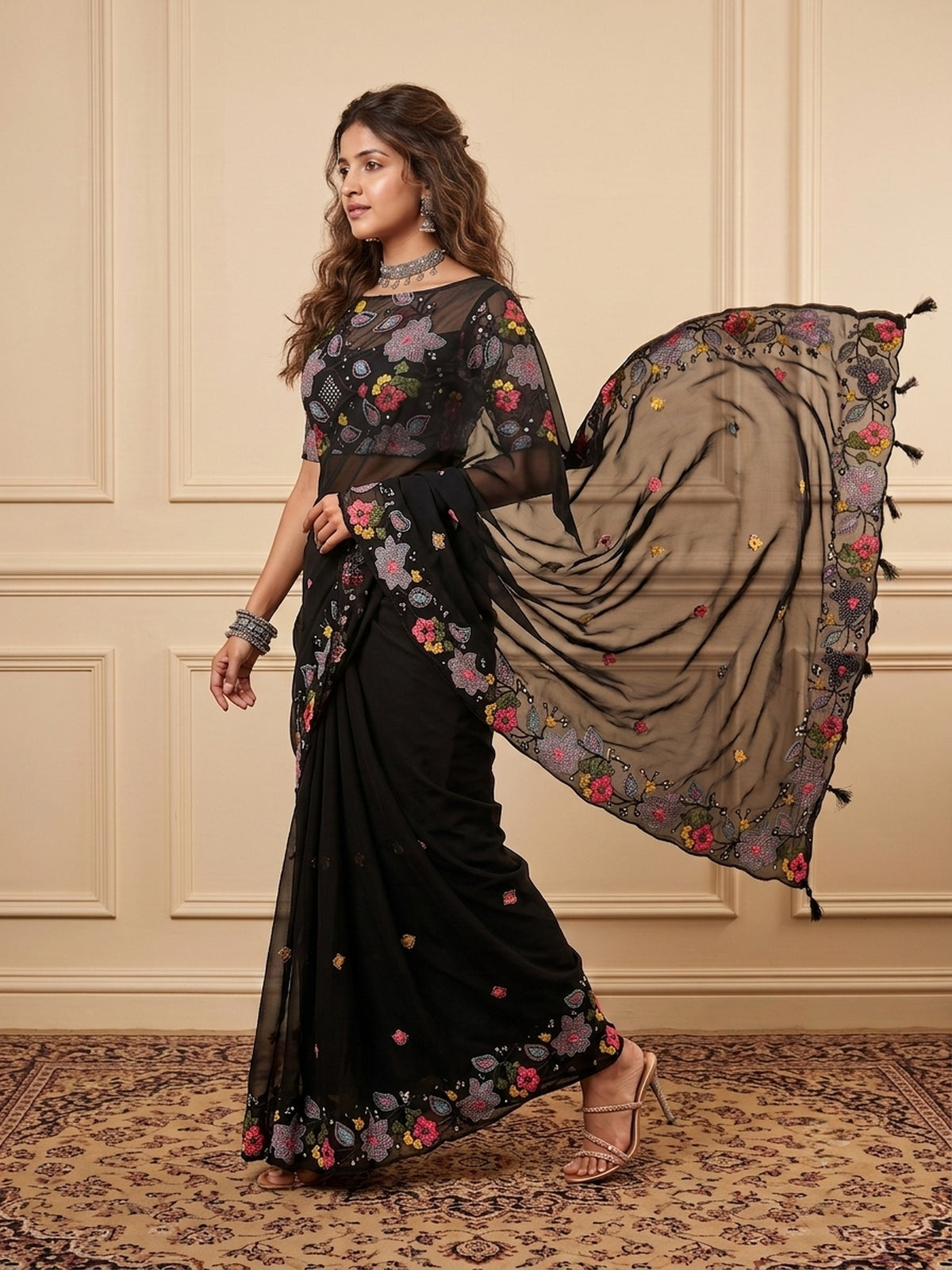 Black Georgette saree – detail view 1
