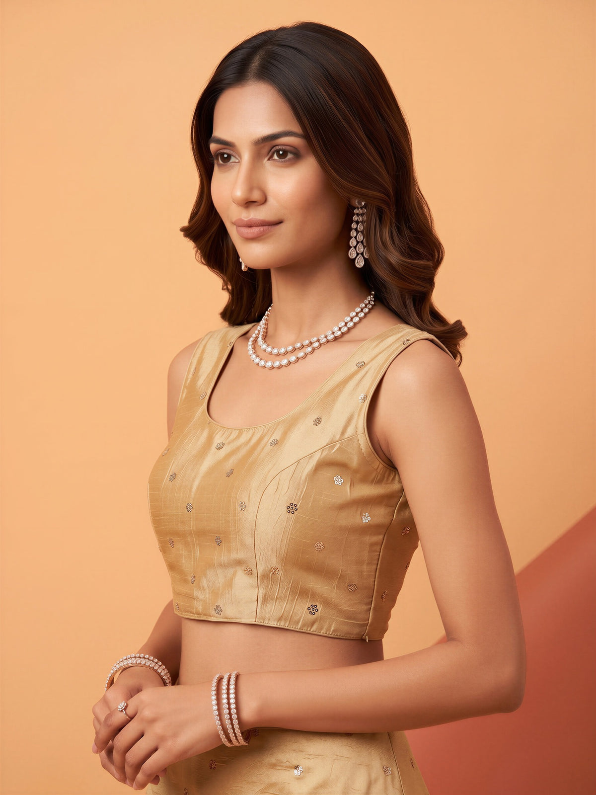 Cream sequin embellished chinnon sleeveless readymade saree blouse with round neck view 2