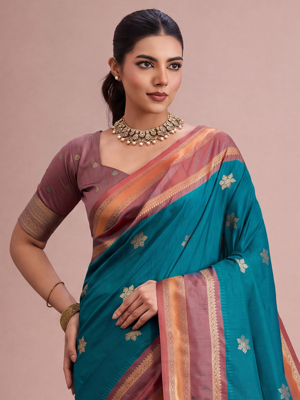 Teal Blue Tussar Silk saree – detail view 4
