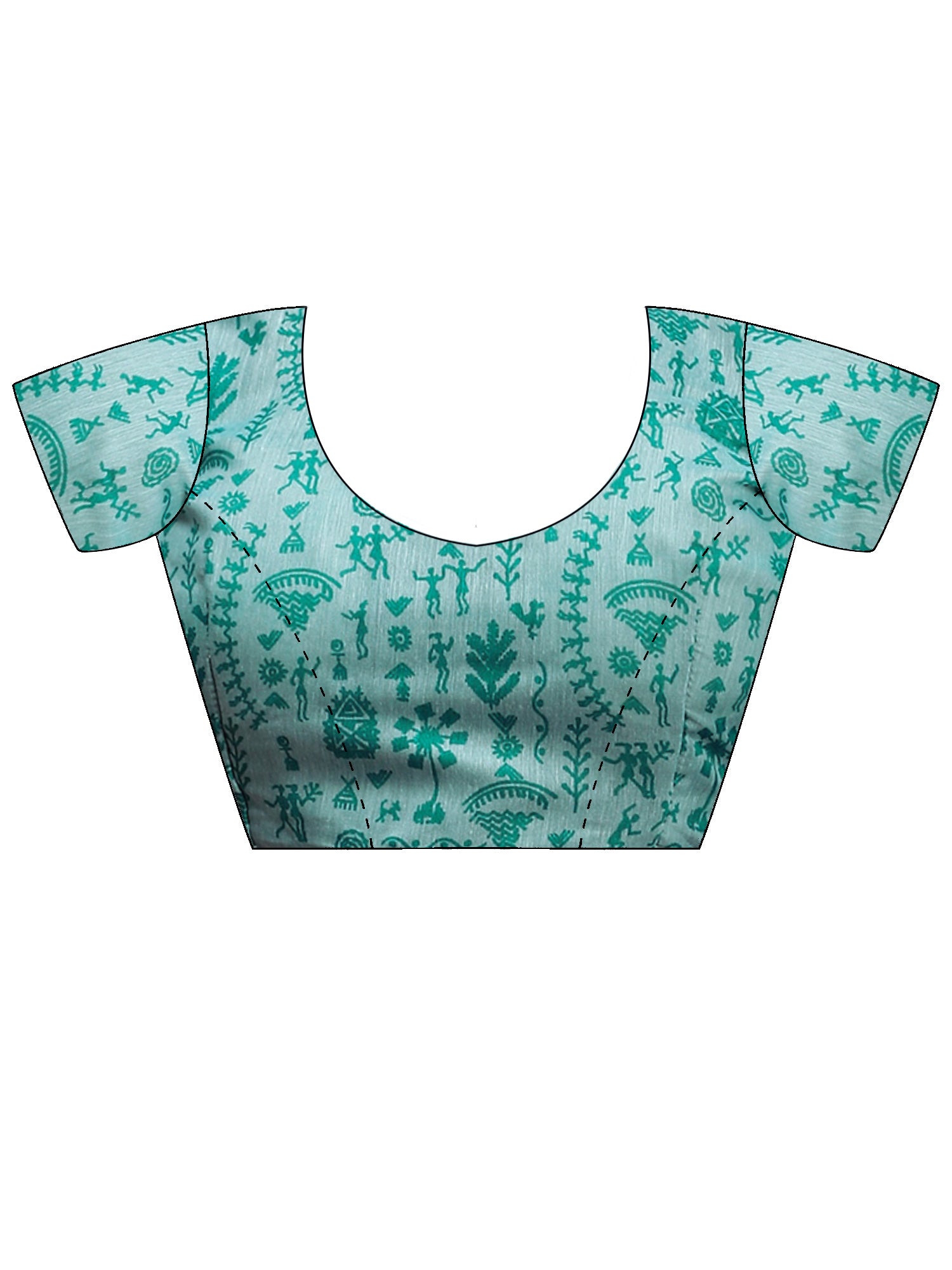 Unstitched light blue cotton linen blouse piece with warli design