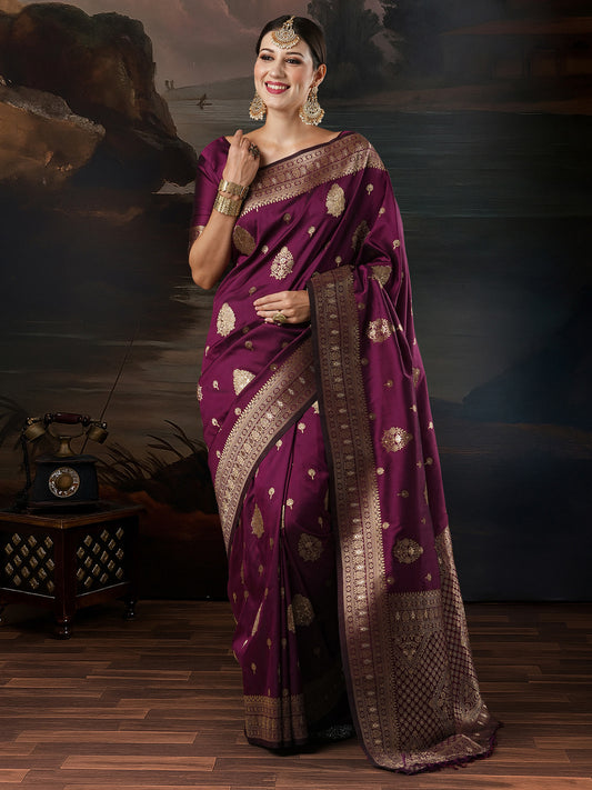 Wine Banarasi Silk with Gold Zari Weaving Saree