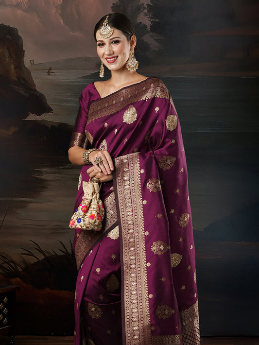 Wine Banarasi Silk with Gold Zari Weaving Saree