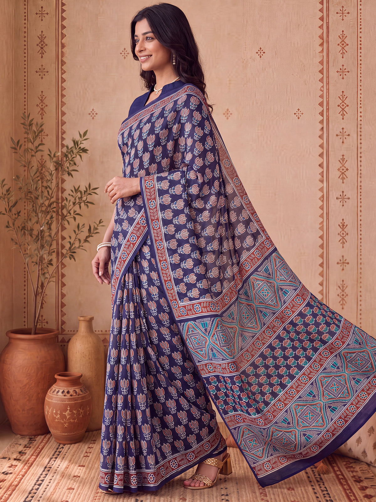 Navy Blue Bhagalpuri Silk saree – detail view 3