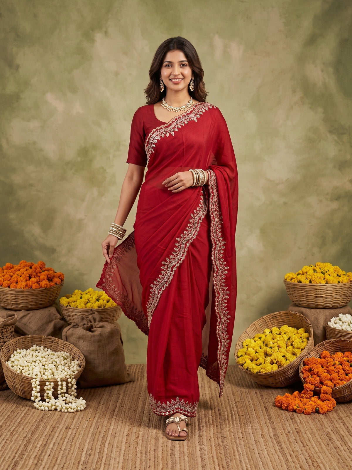 Woman wearing red satin silk saree with embroidered motif work and red blouse