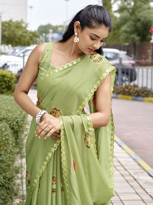Sea Green chiffon saree view 1
