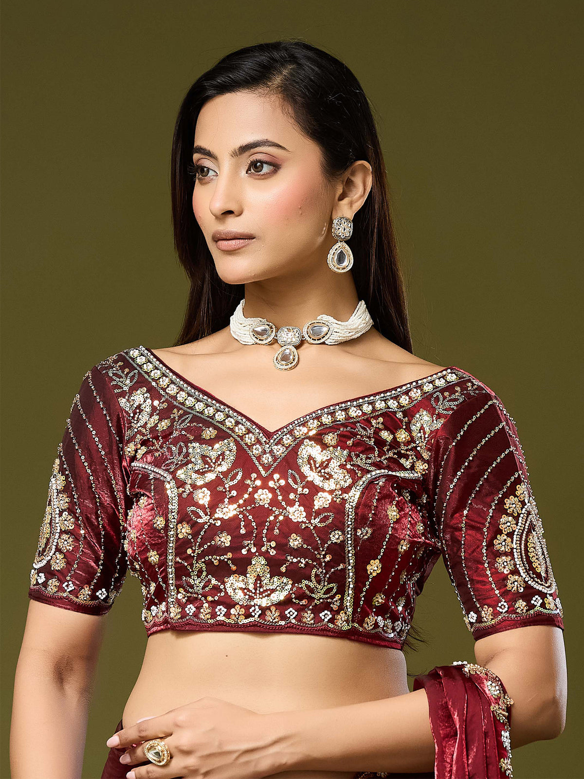 Unstitched maroon satin silk blouse piece with embellished design