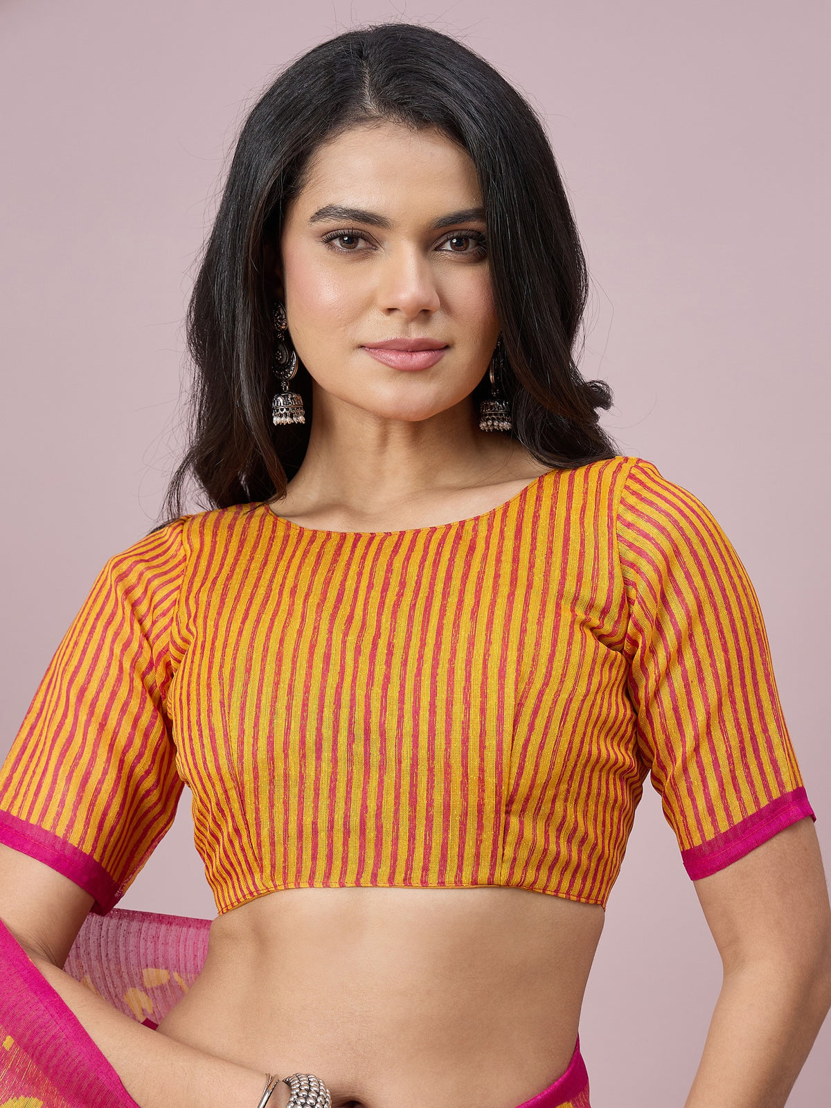 Mustard cotton slub saree view 1