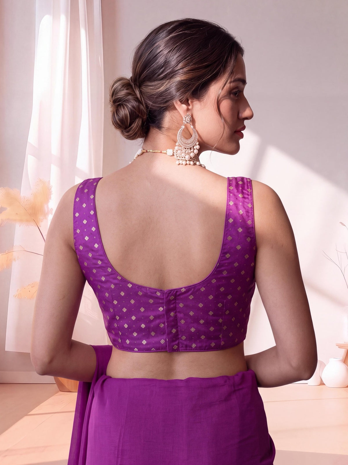 Violet zari woven silk blend sleeveless readymade saree blouse with round neck view 3