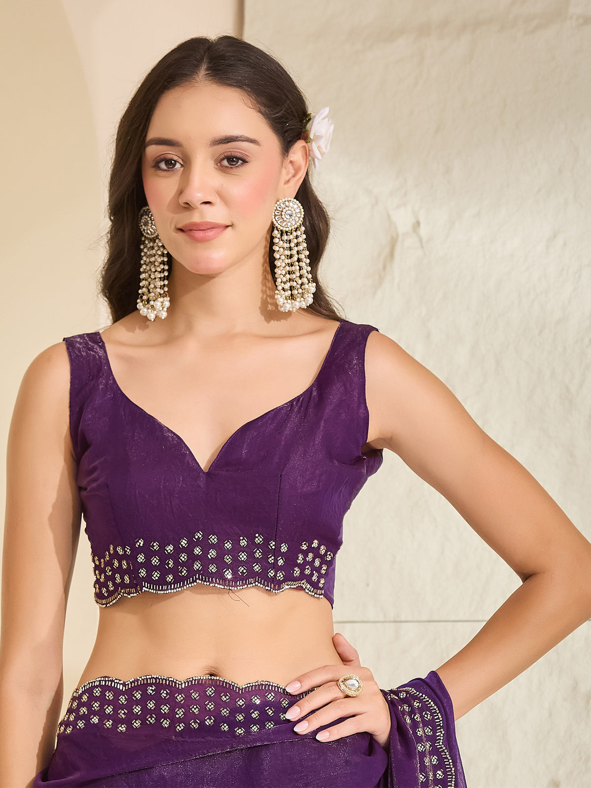 Unstitched purple satin blouse piece with embellished design