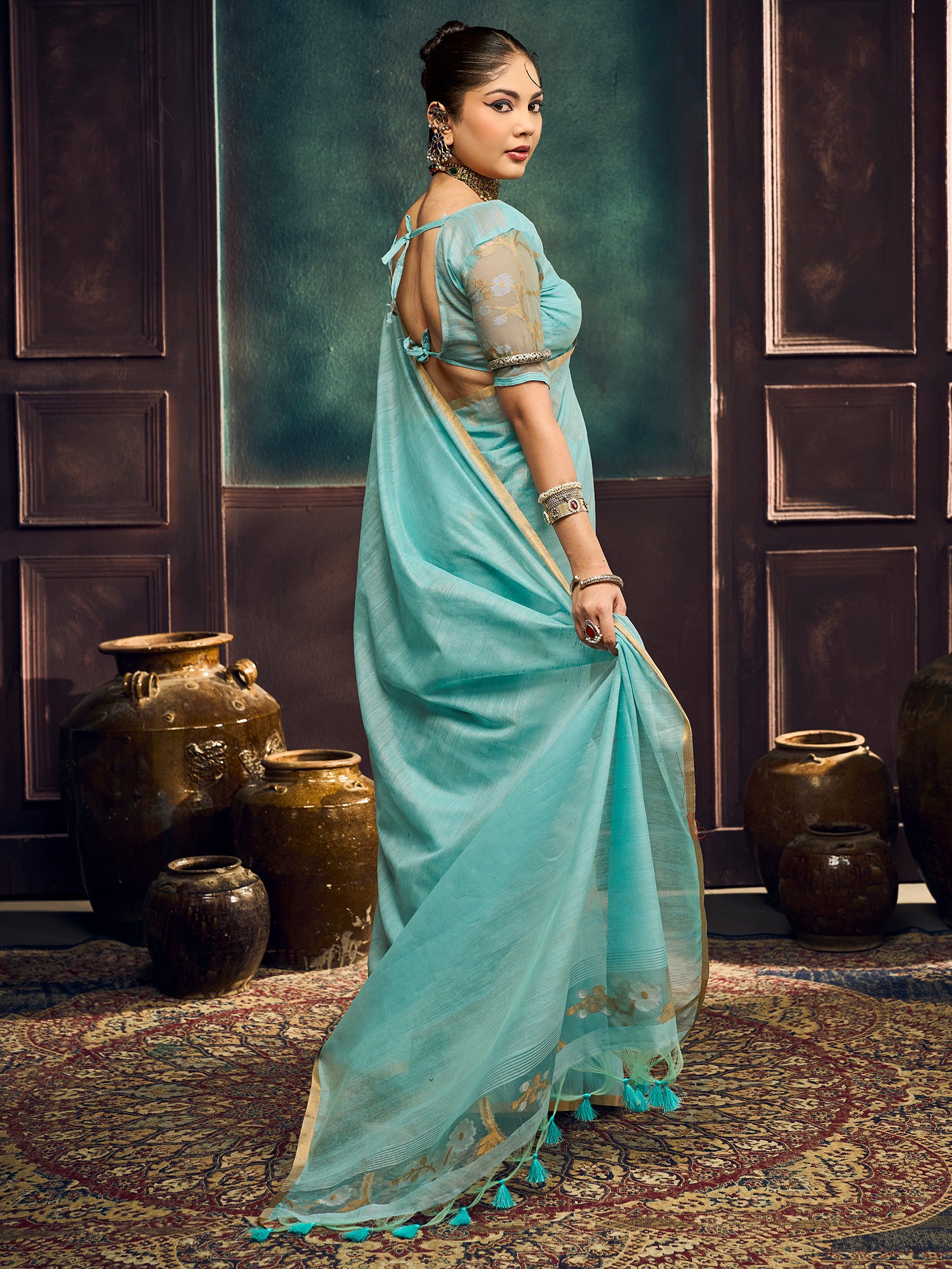 Light Blue Muga Cotton saree – detail view 1