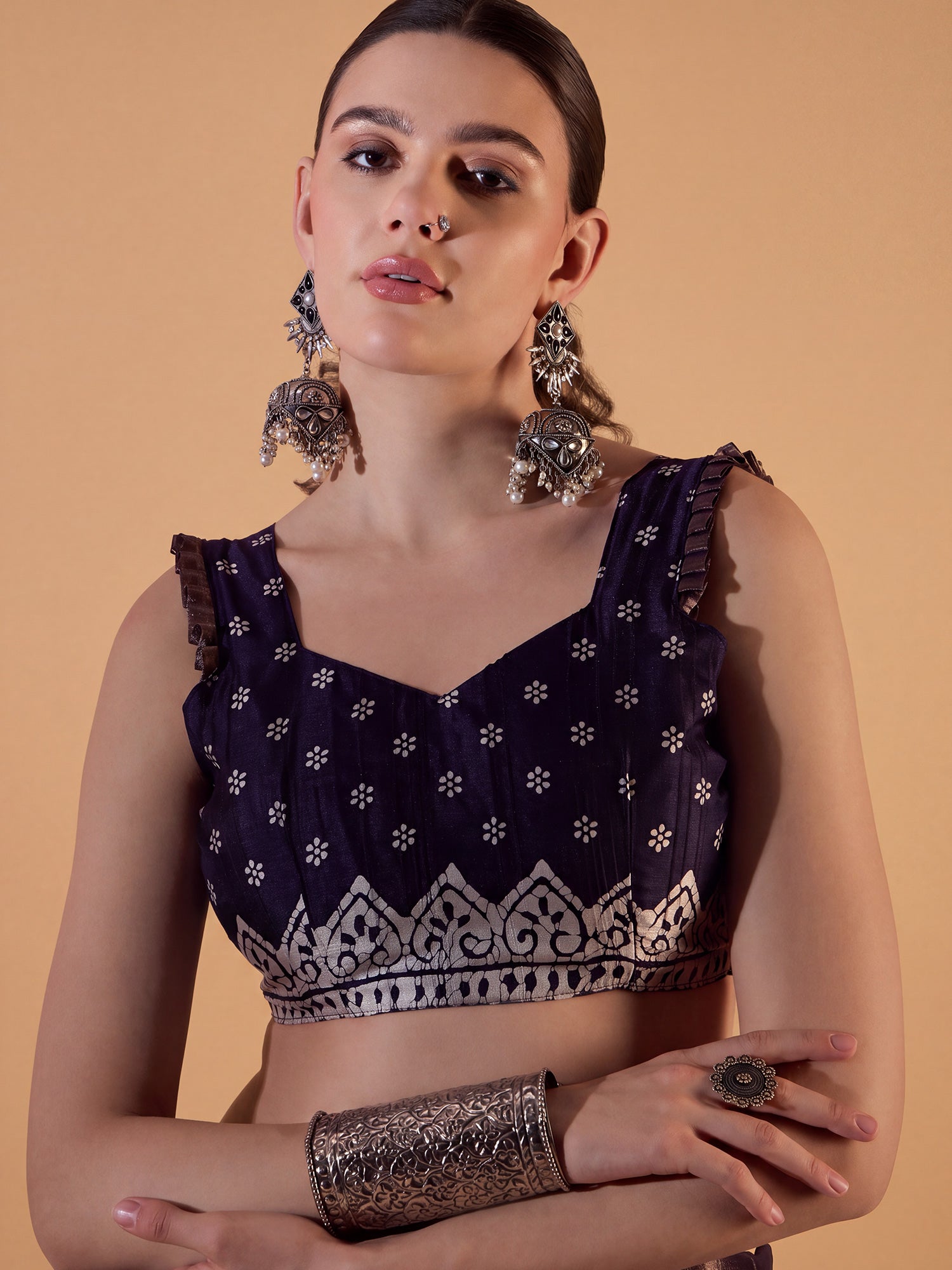 Unstitched purple silk blend blouse piece with ethnic motif design