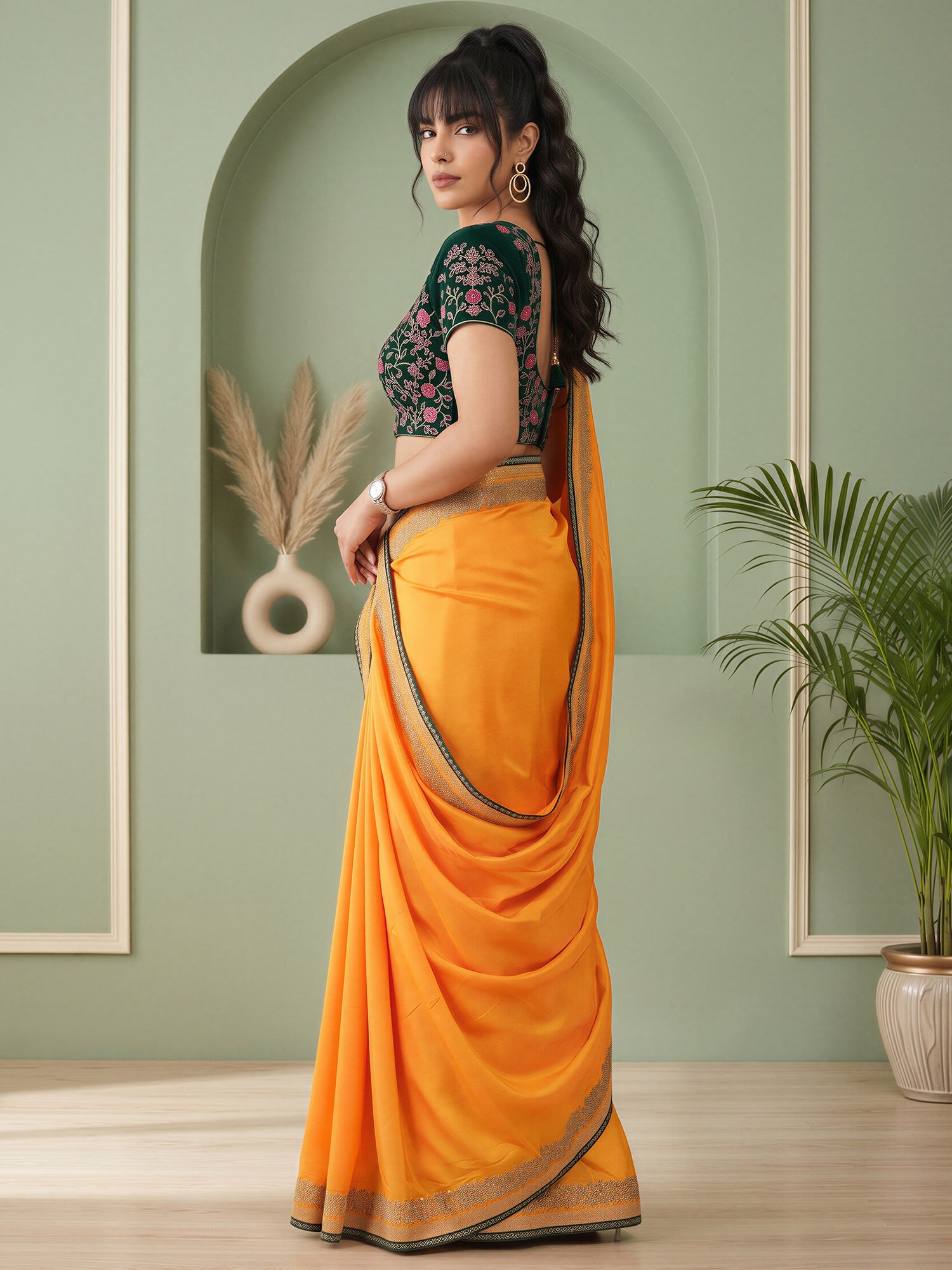 Yellow Vichitra Silk saree – detail view 3