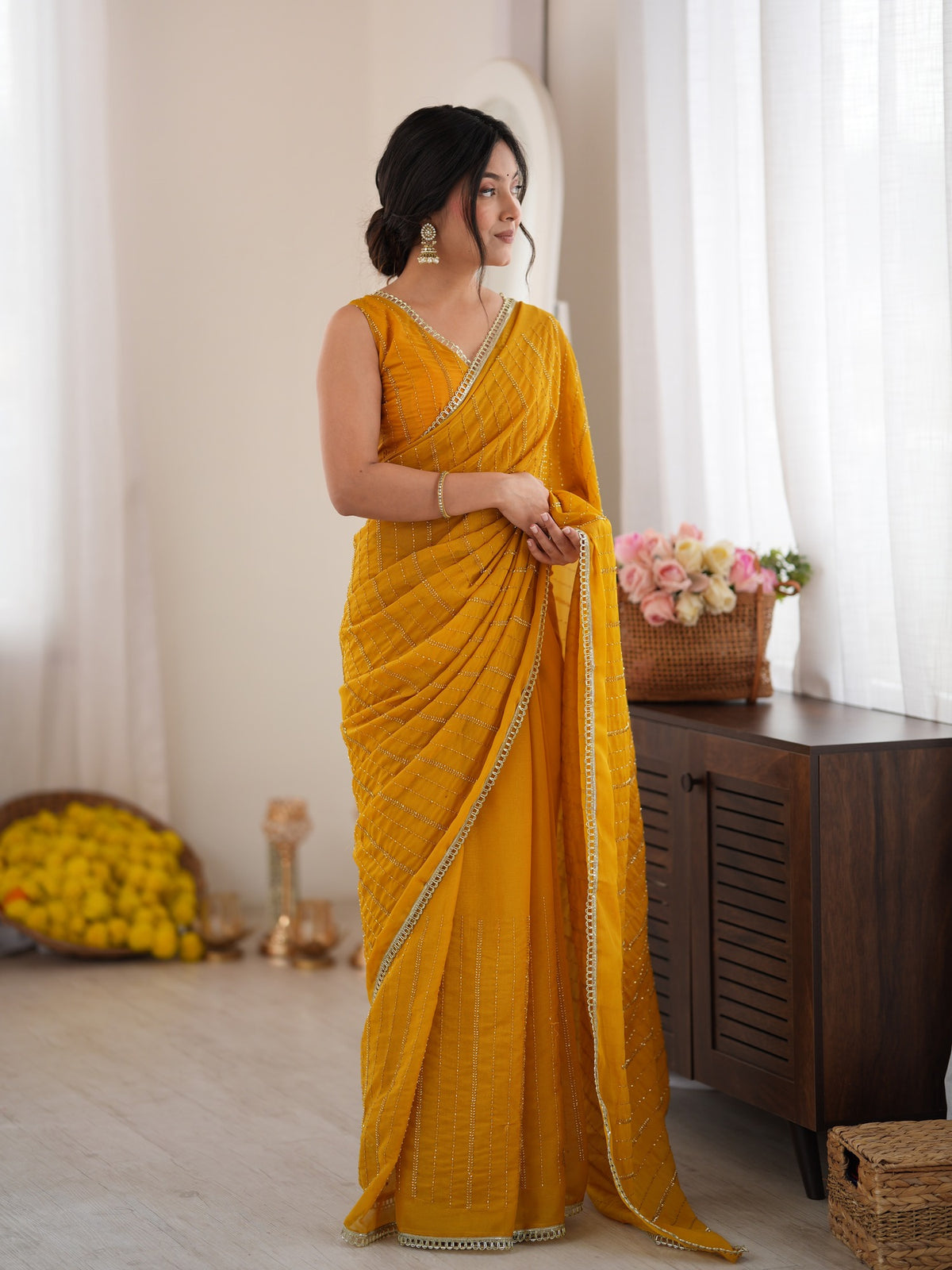 Mustard Georgette saree – detail view 1
