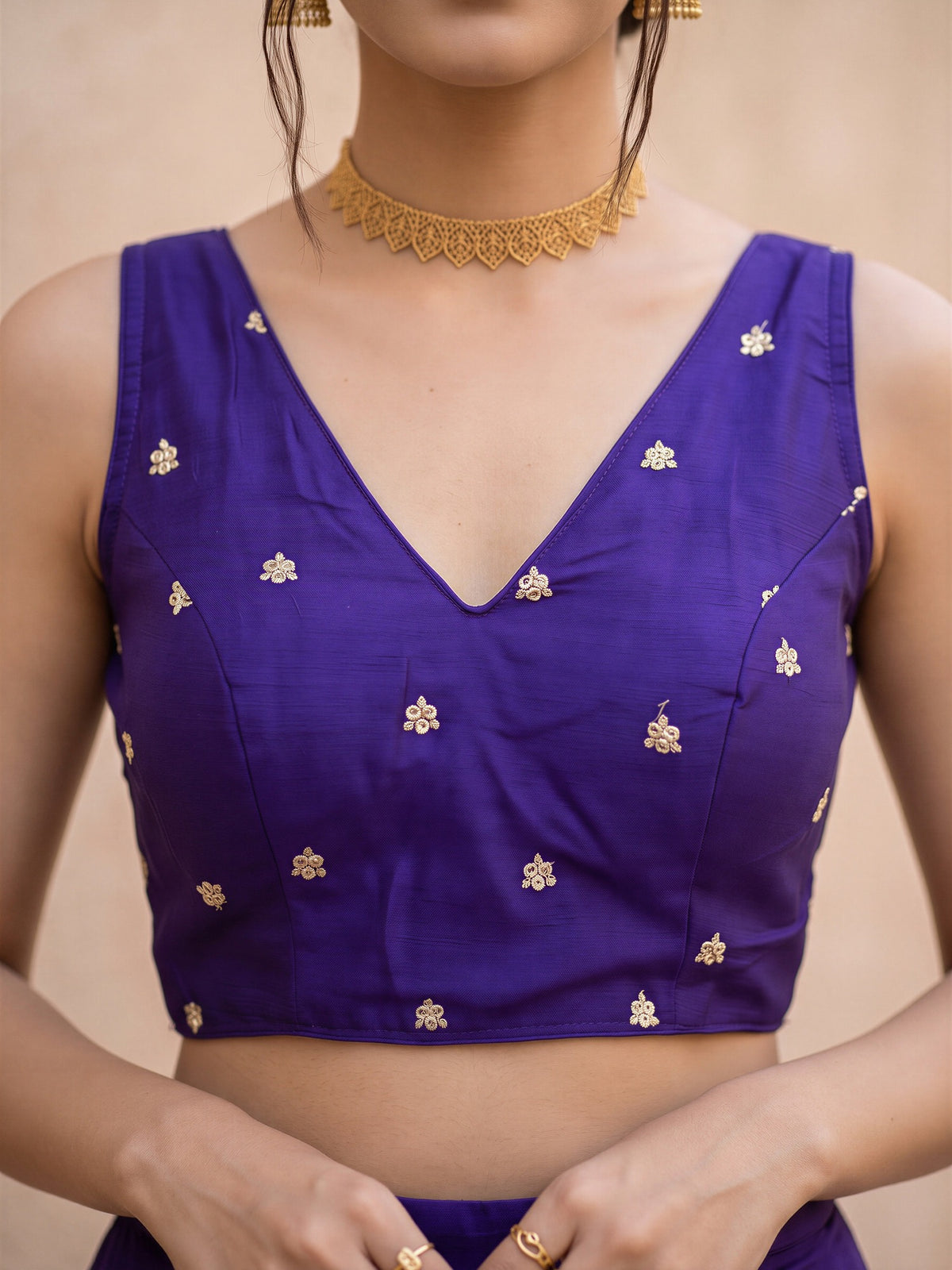 Violet sequin embellished vichitra silk sleeveless readymade saree blouse with v neck view 4