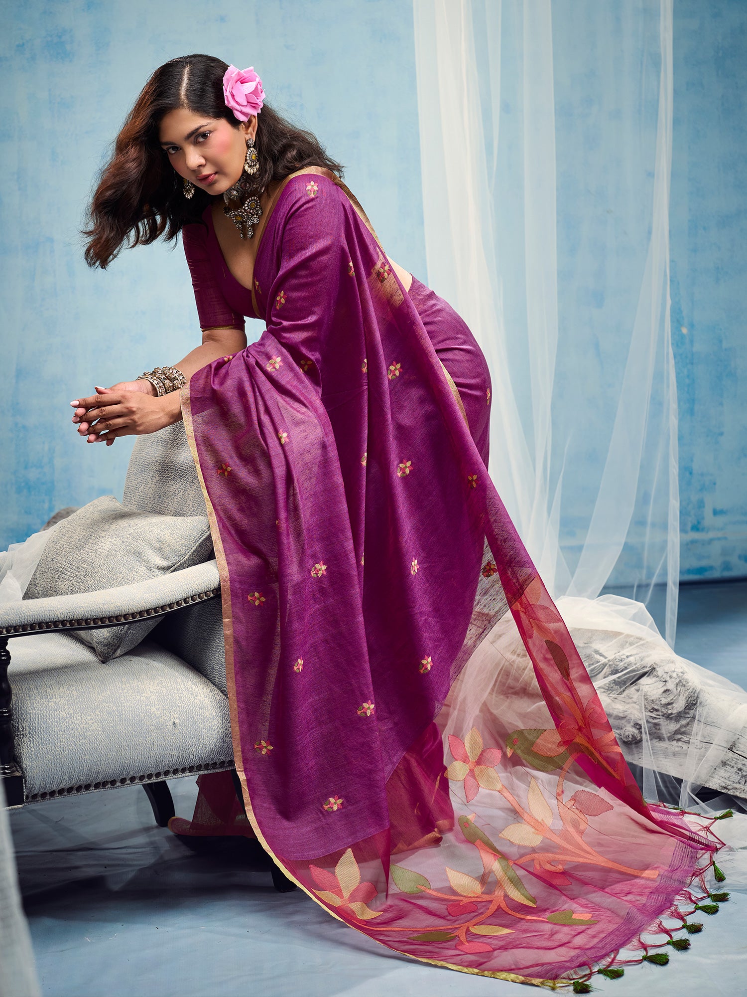 Magenta Muga Cotton saree – detail view 3