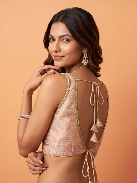 Peach woven brocade silk blend sleeveless readymade saree blouse with deep v neck view 1