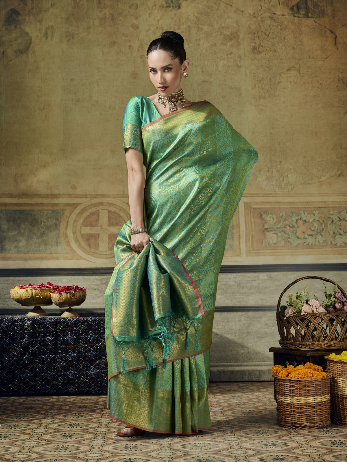 Teal Green Pure Silk saree – detail view 4