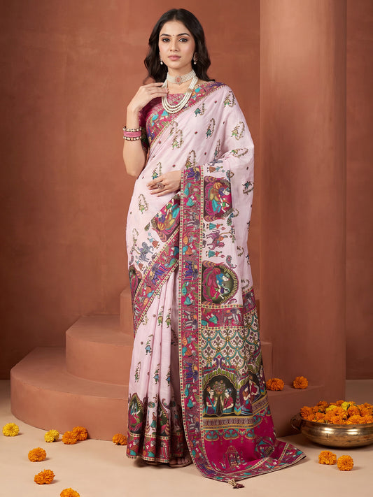 Woman wearing pink viscose silk saree with traditional indian motif work and pink blouse
