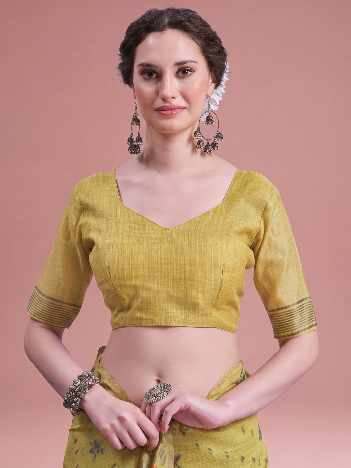 Unstitched yellow linen blouse piece with solid design