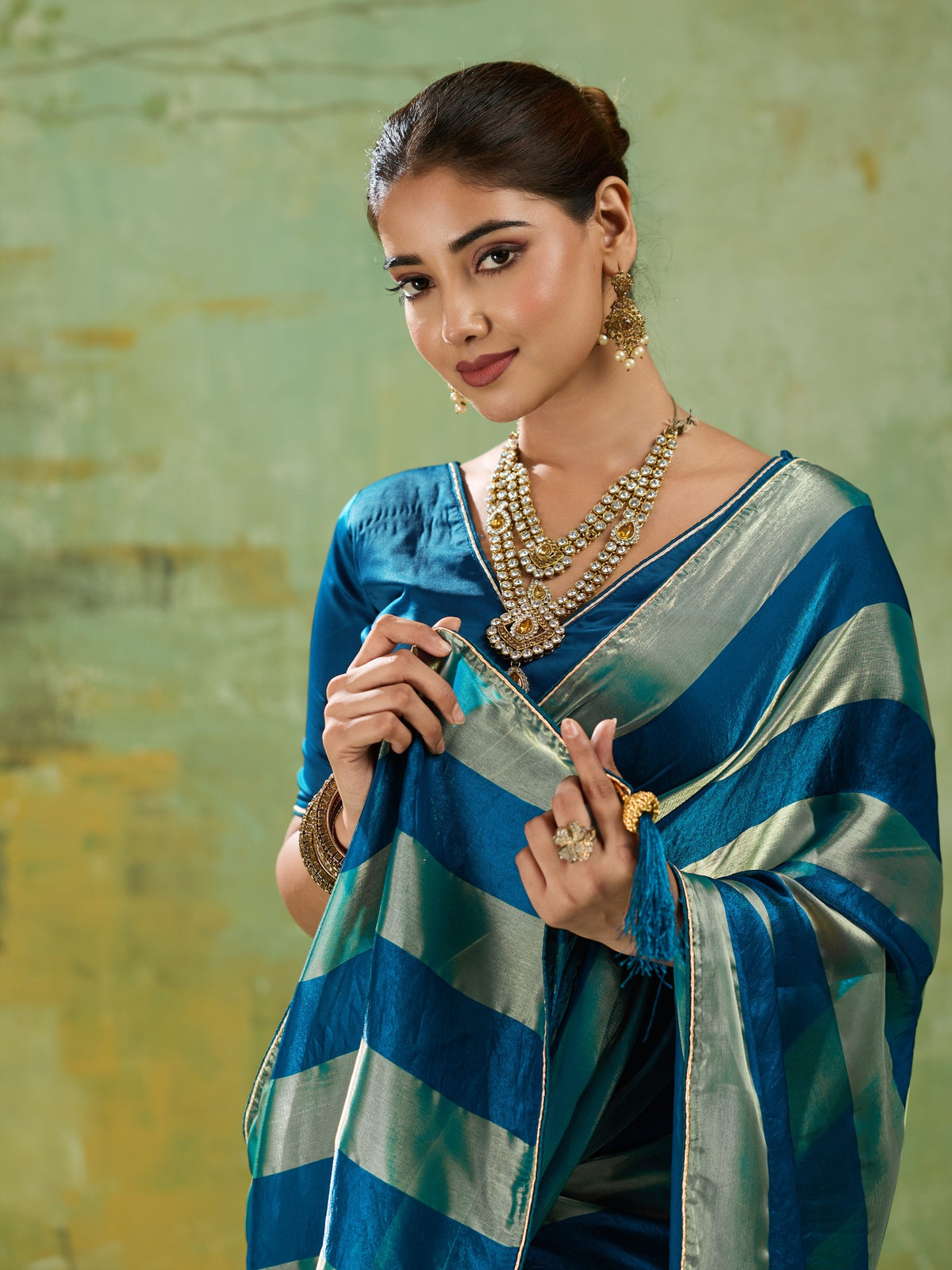 Teal Blue Satin Silk saree – detail view 1