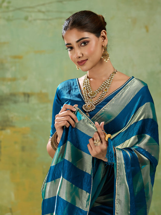 Teal Blue Satin Silk saree – detail view 1