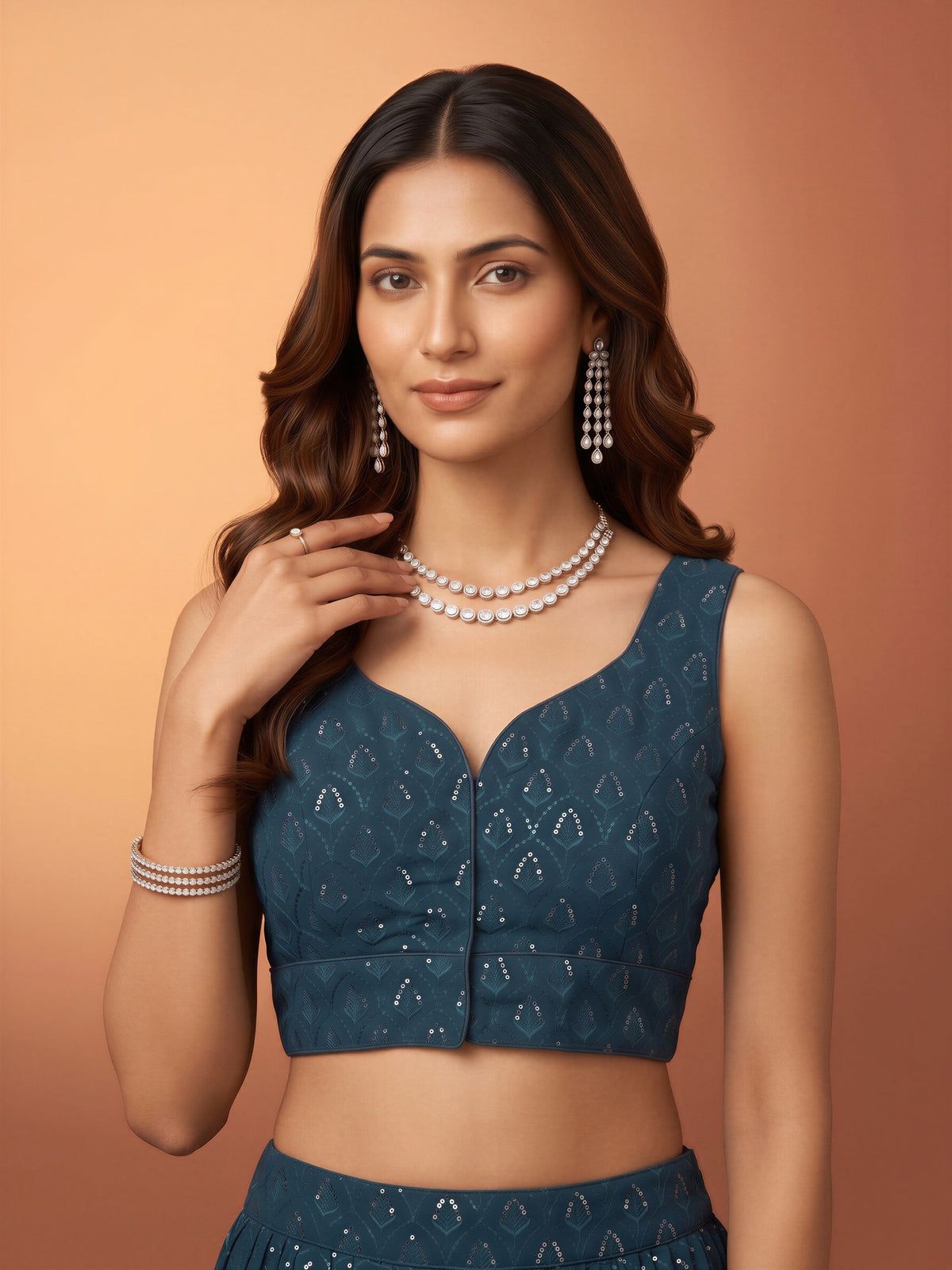 Teal Blue sequin embroidered georgette sleeveless readymade saree blouse with sweetheart neck view 3