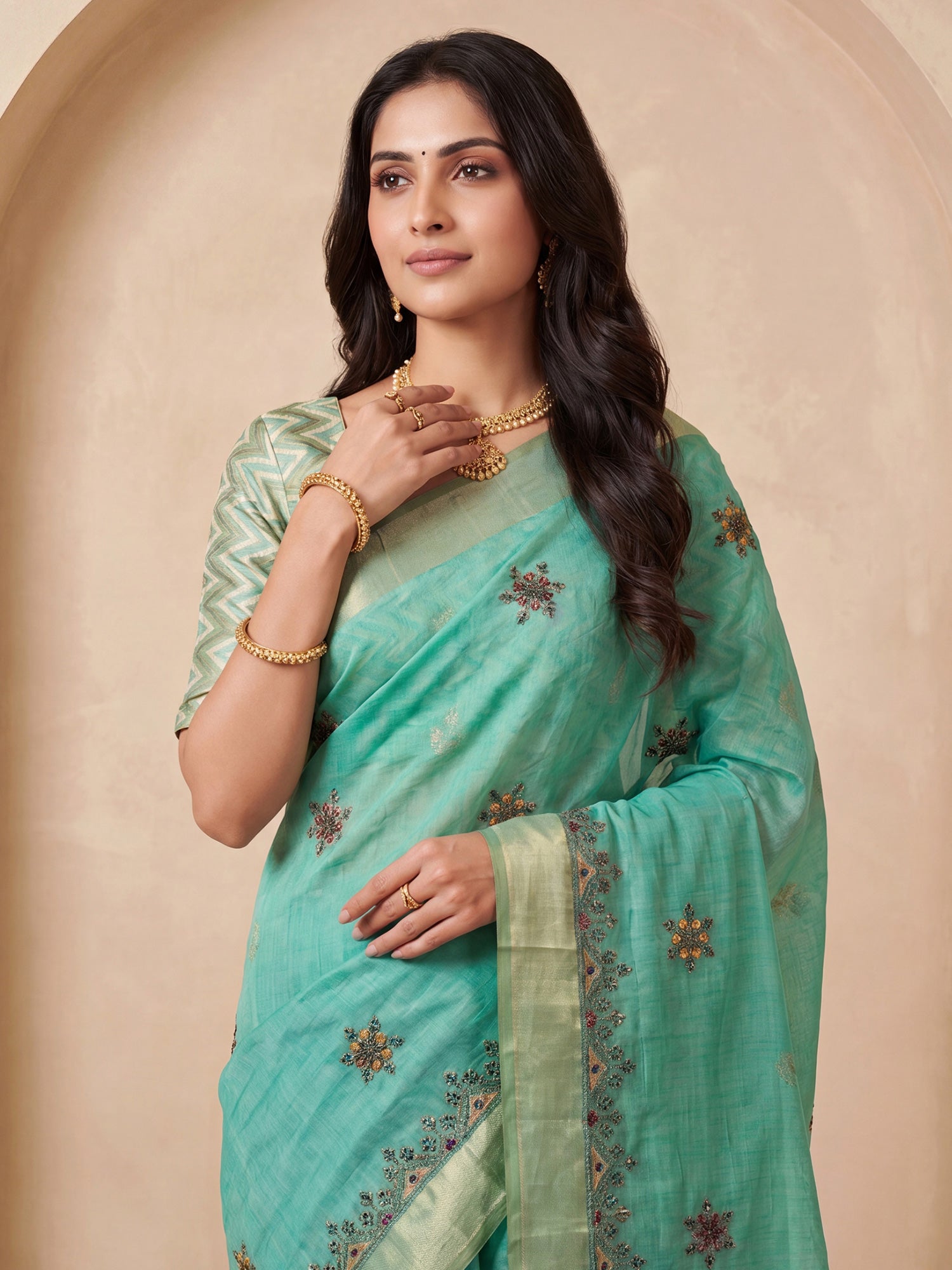 Sea Green Cotton Linen saree – detail view 4