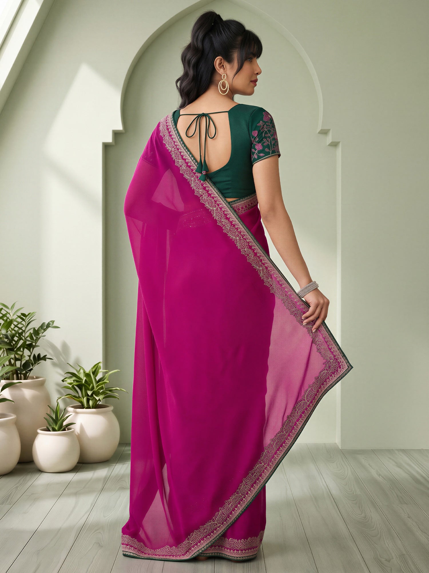 Magenta Vichitra Silk saree – detail view 1