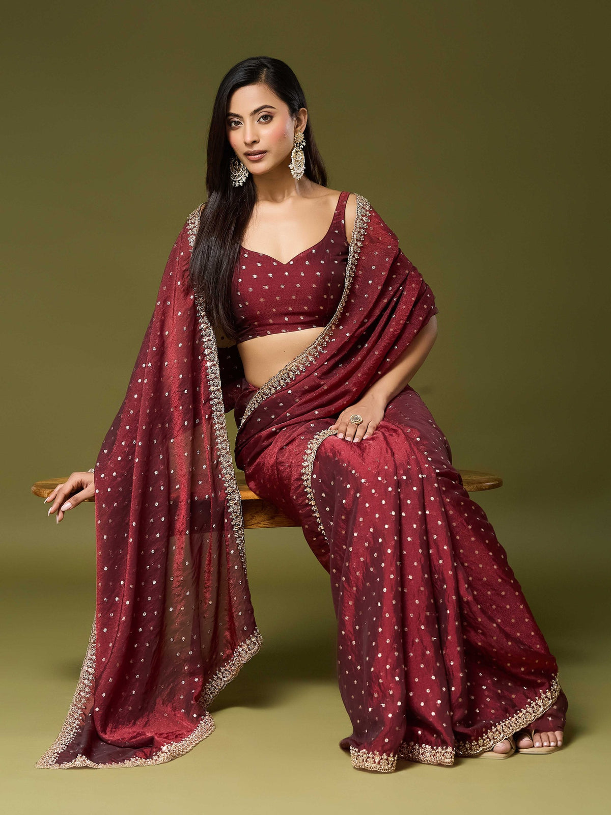 Maroon Georgette saree – detail view 4