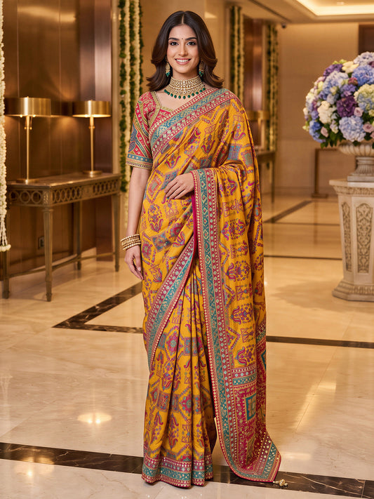 Woman wearing mustard silk blend saree with traditional indian motif work and pink blouse