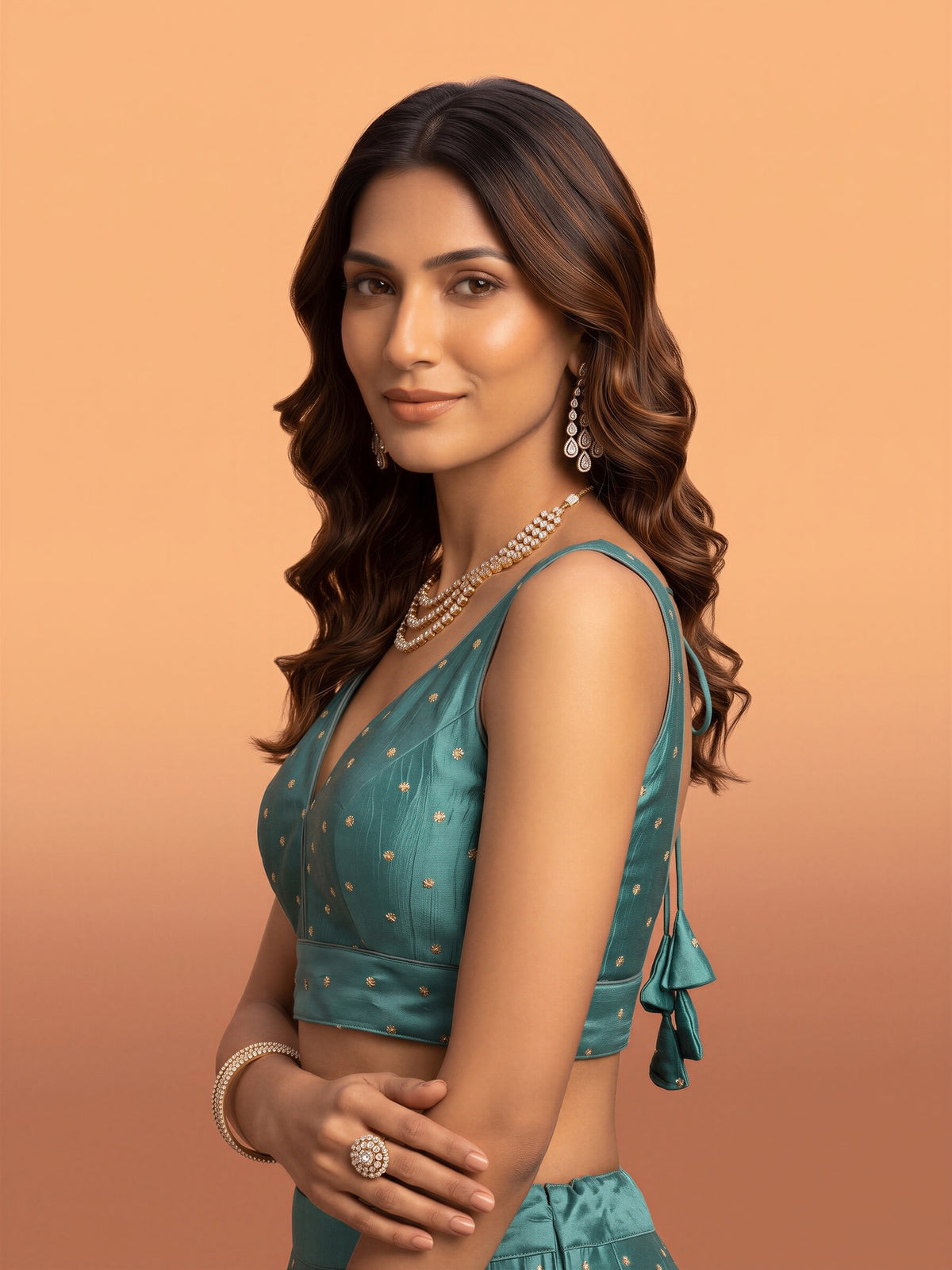 Light Blue sequin embellished silk blend sleeveless readymade saree blouse with v neck view 2