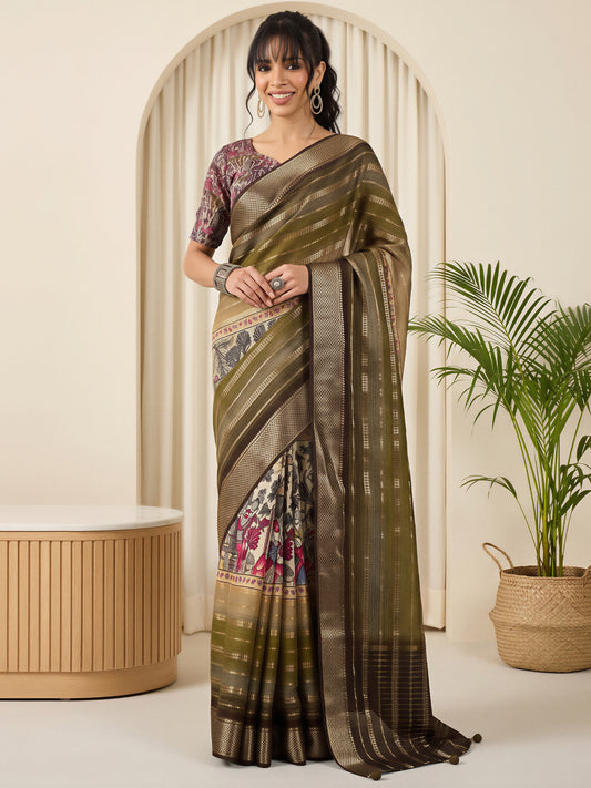 Woman wearing olive viscose silk saree with traditional indian motif work and multicolored blouse