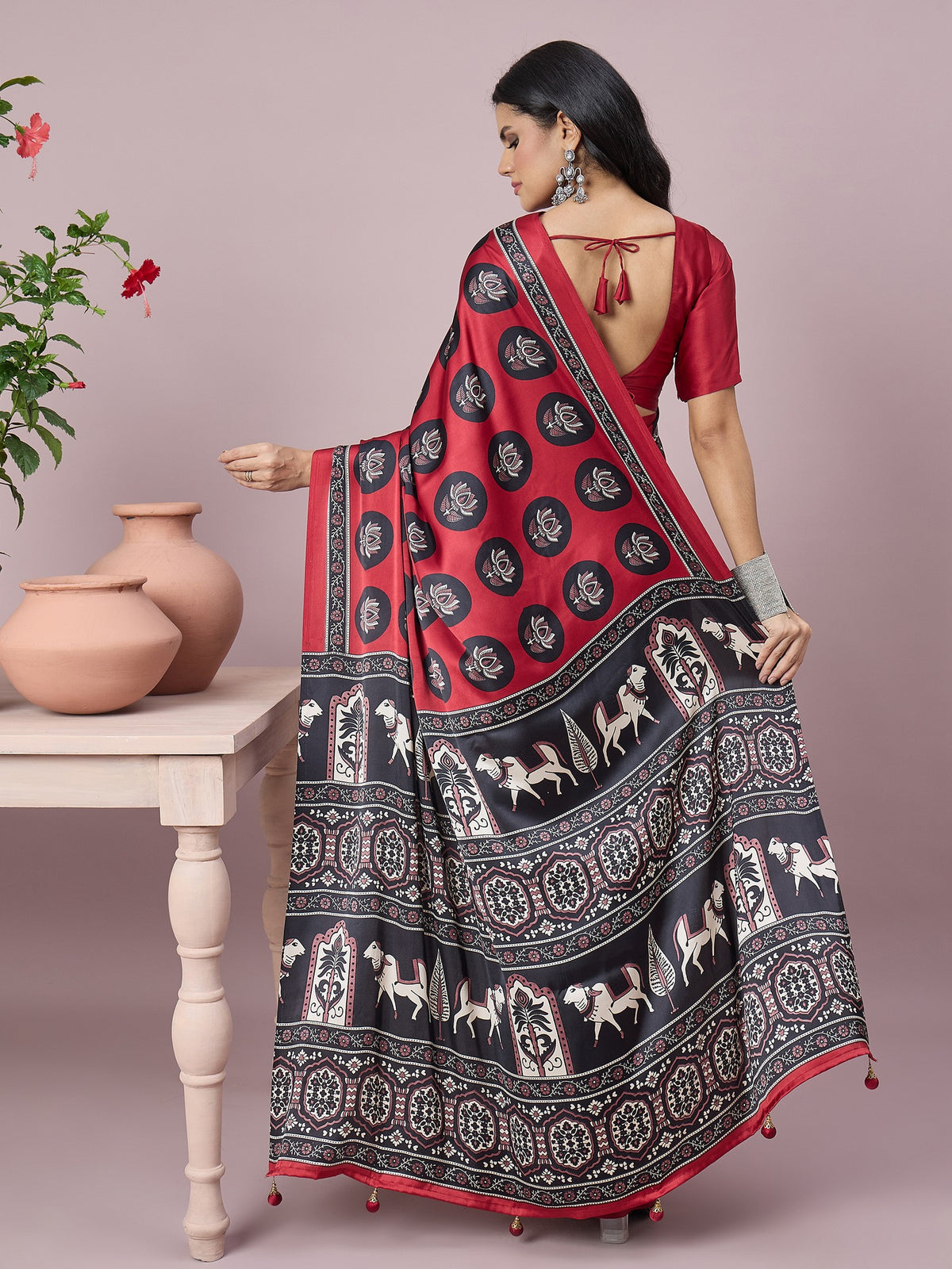 Maroon satin saree view 2