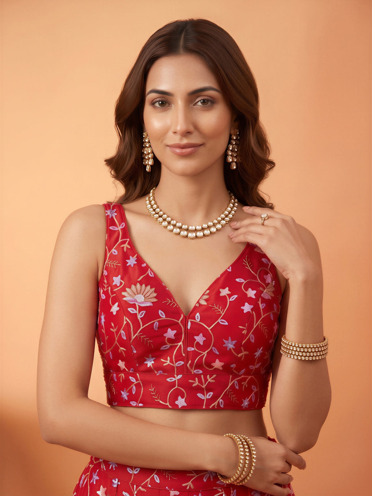 Red sequin embellished satin sleeveless readymade saree blouse with deep v neck view 3